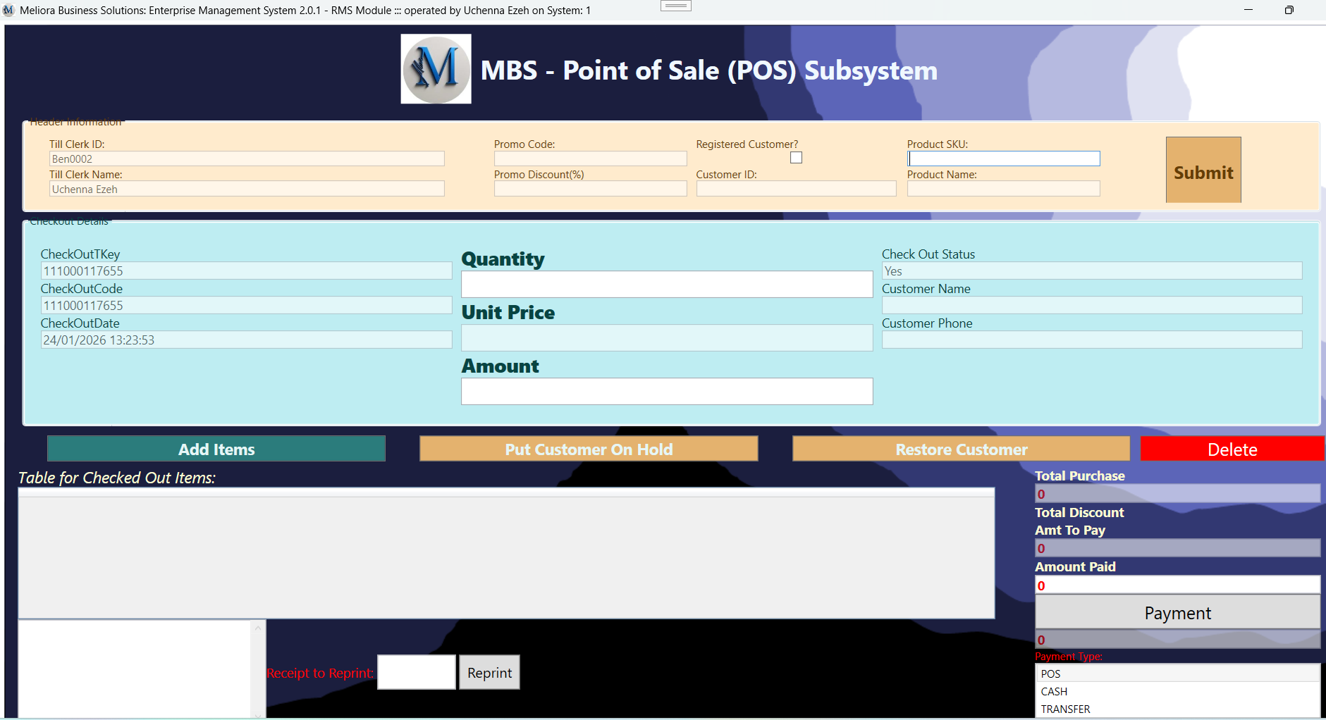 MelioraRMS Point of Sale Screen